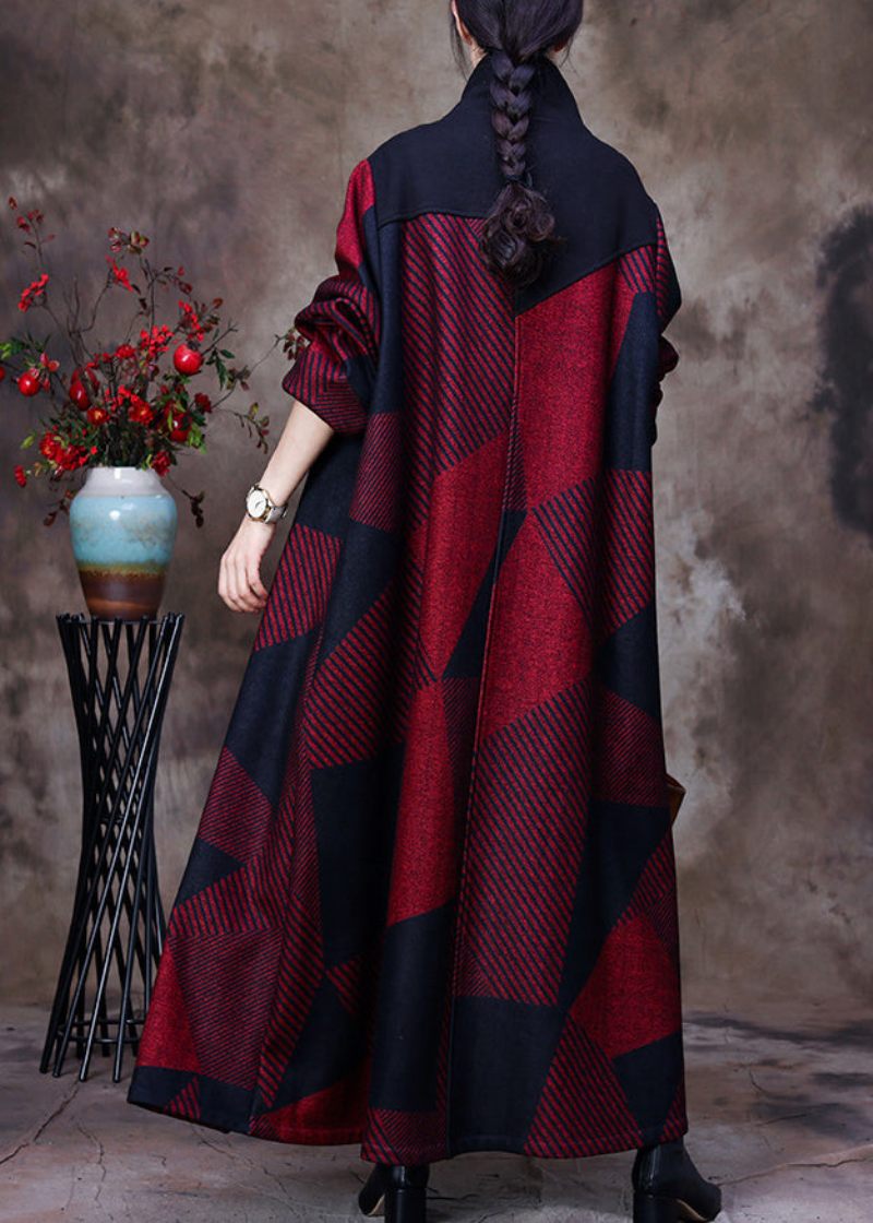 Plus Size Mulberry Stativkrage Asymmetrisk Patchwork Button Ylle Maxi Coat Långärmad - Mulberry