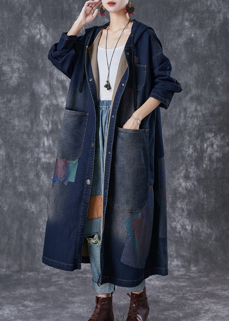 Plus Size Navy Hooded Asymmetriska Stora Fickor Denim Trench Fall