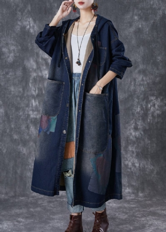 Plus Size Navy Hooded Asymmetriska Stora Fickor Denim Trench Fall