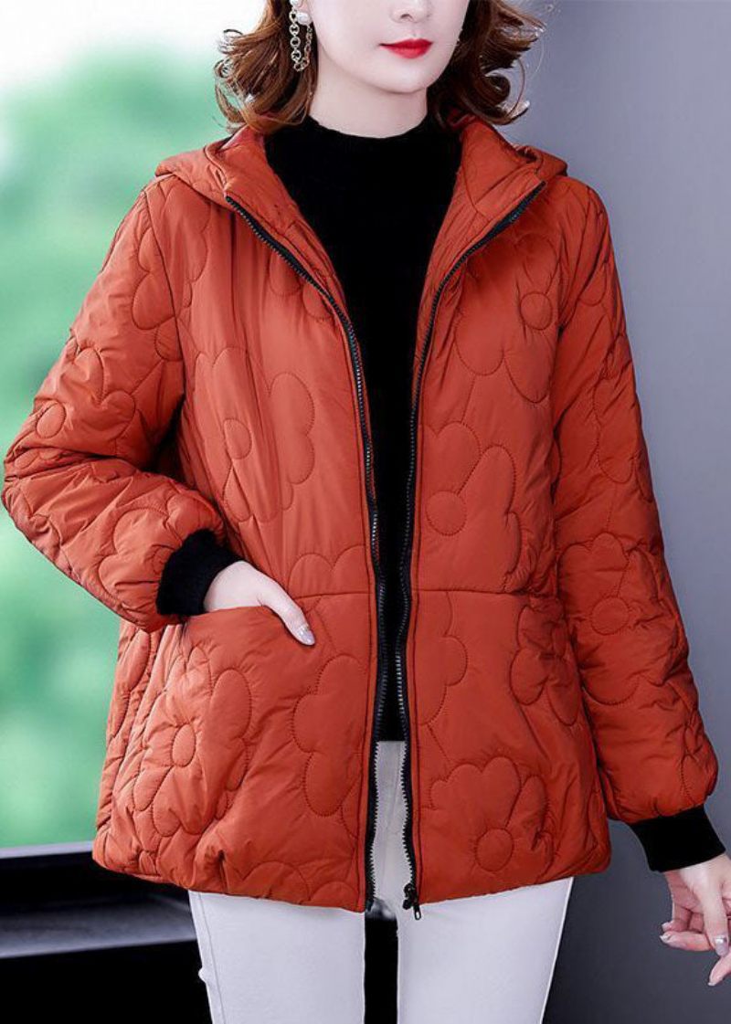 Plus Size Orange Hooded Blixtlås Fin Bomullsfyllda Vinterrockar - Dunjackor för kvinnor