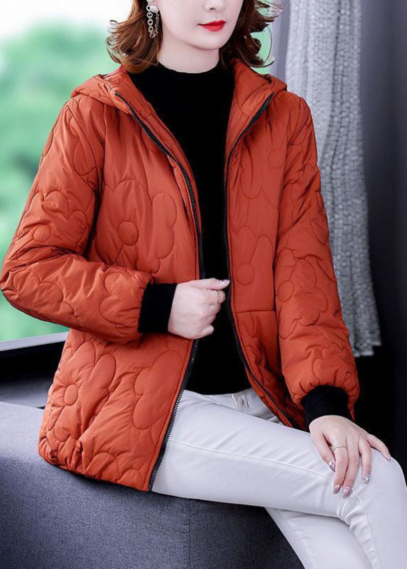 Plus Size Orange Hooded Blixtlås Fin Bomullsfyllda Vinterrockar - Dunjackor för kvinnor