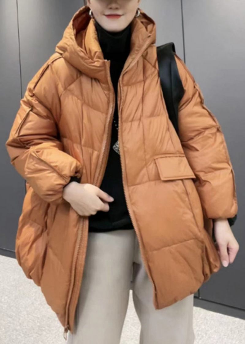 Plus Size Orange Hooded Dragkedja Patchwork Duck Down Coat Långärmad