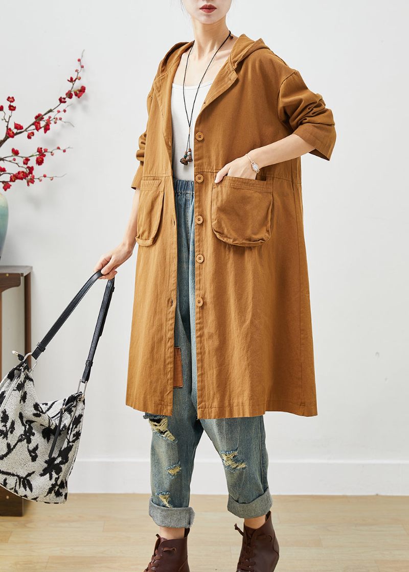 Plus Size Orange Hooded Ficks Cotton Coat Ytterkläder Spring - Trenchcoats för kvinnor