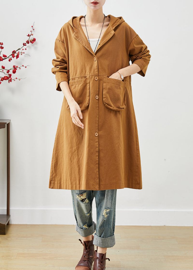 Plus Size Orange Hooded Ficks Cotton Coat Ytterkläder Spring - Trenchcoats för kvinnor