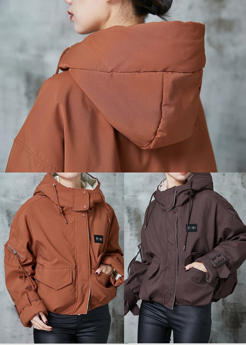 Plus Size Orange Hooded Pockets Duck Dunjacka På Vintern - Dunjackor för kvinnor