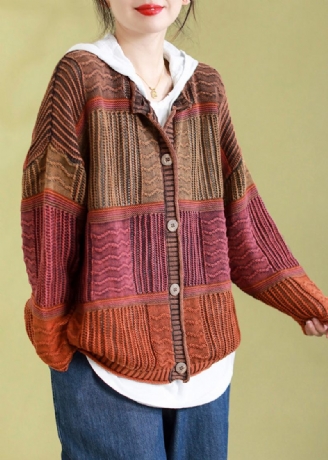 Plus Size Orange O Neck Button Patchwork Stickade Cardigans Spring