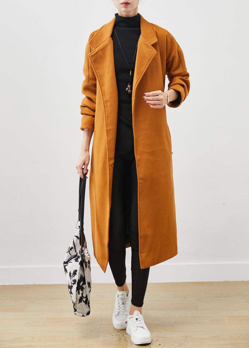 Plus Size Orange Oversized Tie Midja Woolen Coat Spring - Ullrockar för kvinnor