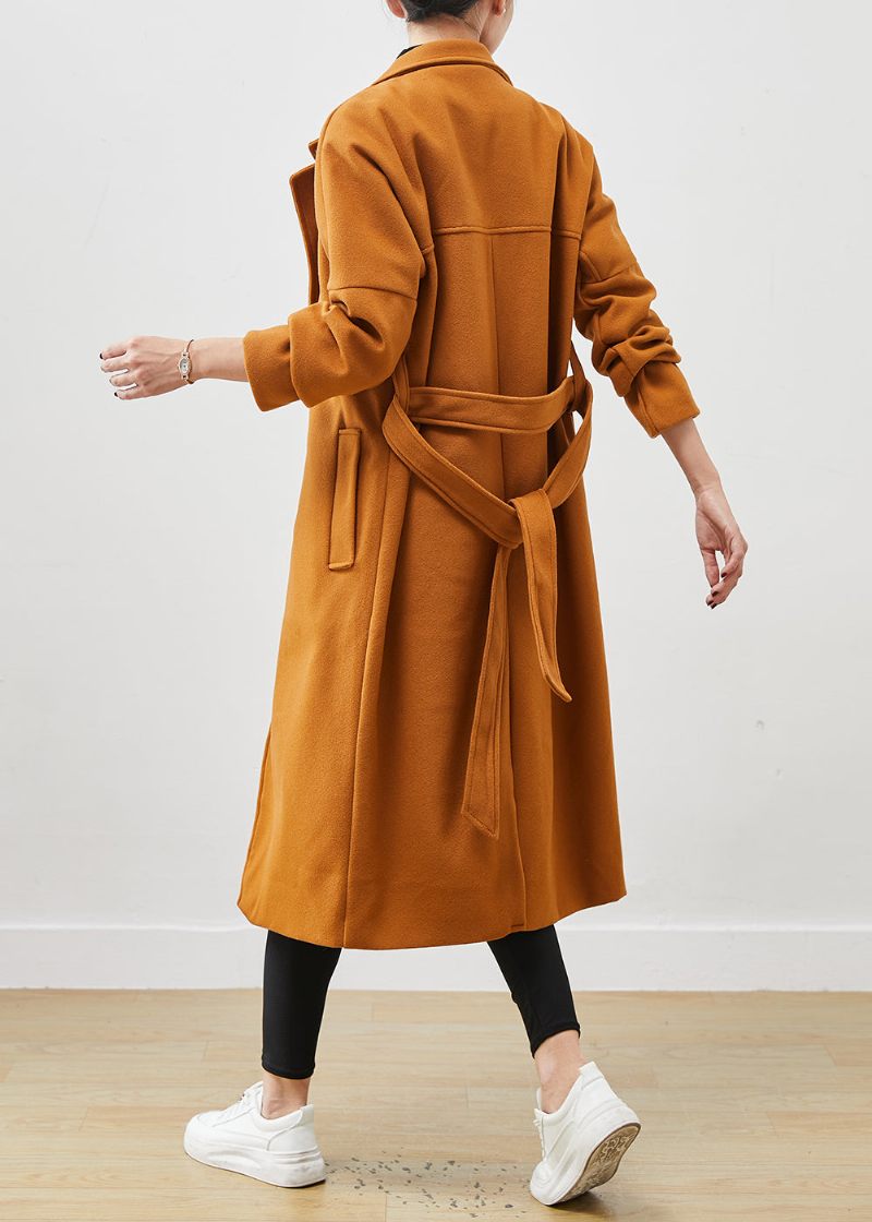 Plus Size Orange Oversized Tie Midja Woolen Coat Spring - Ullrockar för kvinnor