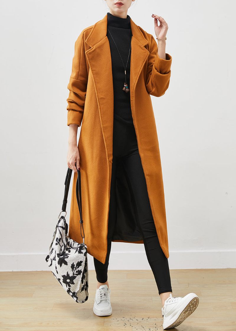 Plus Size Orange Oversized Tie Midja Woolen Coat Spring