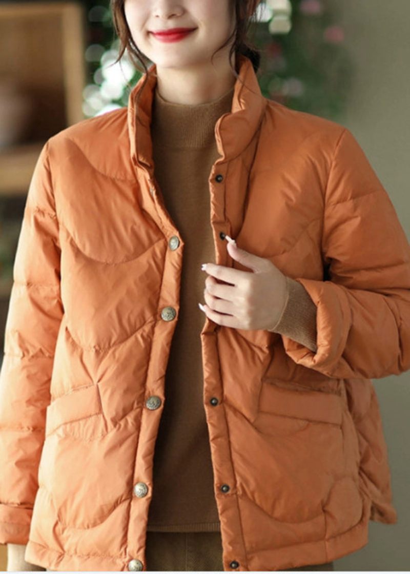 Plus Size Orange Stativ Krage Fickor Fin Bomullsfylld Parkas Vinter - Dunjackor för kvinnor