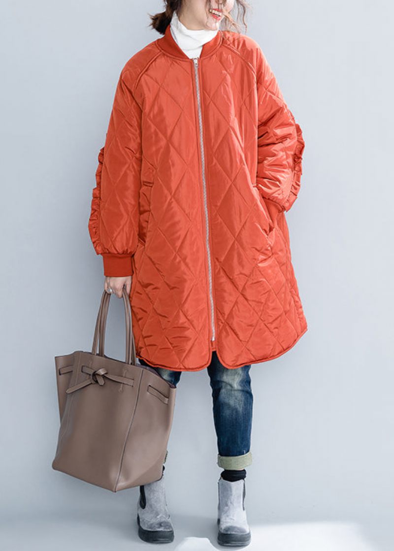 Plus Size Orange Zip Up-fickor Rufsig Patchwork Bomullsfyllda Kappor Vinter - Dunjackor för kvinnor