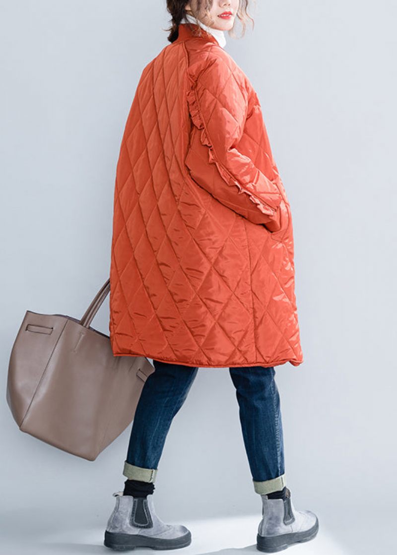 Plus Size Orange Zip Up-fickor Rufsig Patchwork Bomullsfyllda Kappor Vinter - Dunjackor för kvinnor