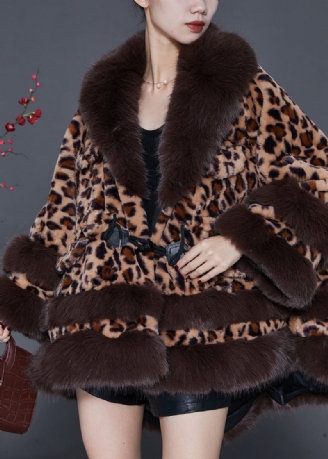 Plus Size Pälskrage Leopard Dragsko Mink Velvet Trench Spring