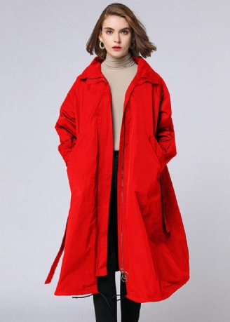 Plus Size Röd Dragkedja Knyt Midja Fickor Fall Long Coat