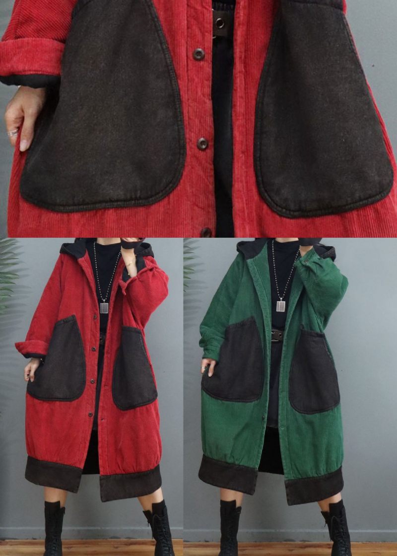 Plus Size Röd Hooded Patchwork Manchester Vinterkappor Vinter - Röd