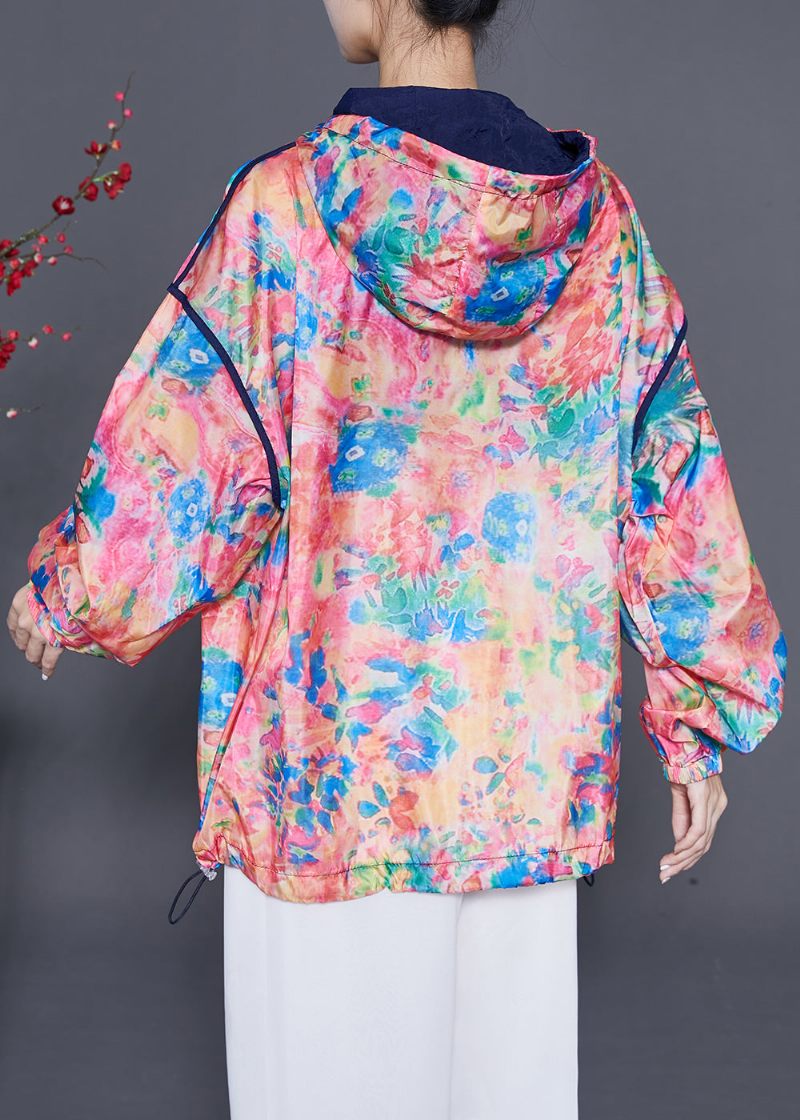 Plus Size Röd Hooded Print Dragsko Upf 50+ Jacka Sommar - Vinterkappor för kvinnor