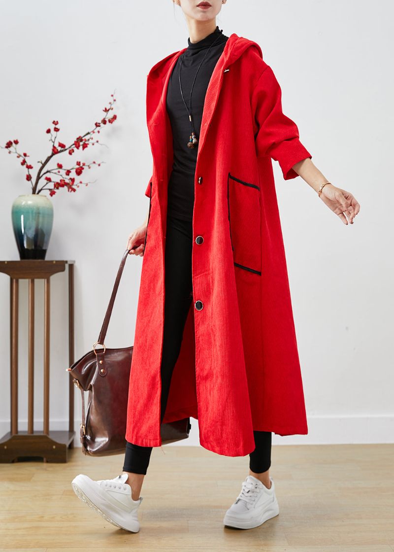 Plus Size Röd Hooded Stora Fickor Manchester Trench Coat Fall