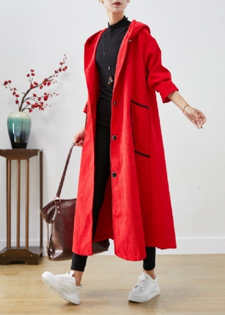 Plus Size Röd Hooded Stora Fickor Manchester Trench Coat Fall