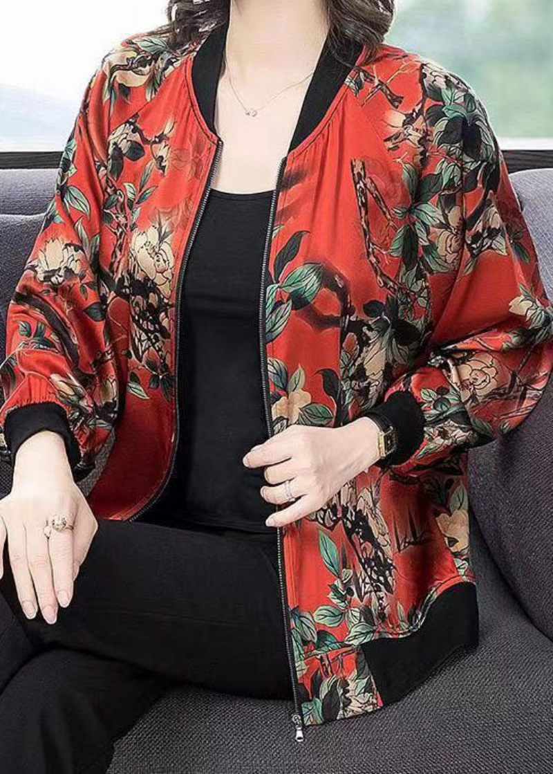 Plus Size Röd O-neck Print Dragkedja Patchwork Sidenjacka Spring - Vinterkappor för kvinnor