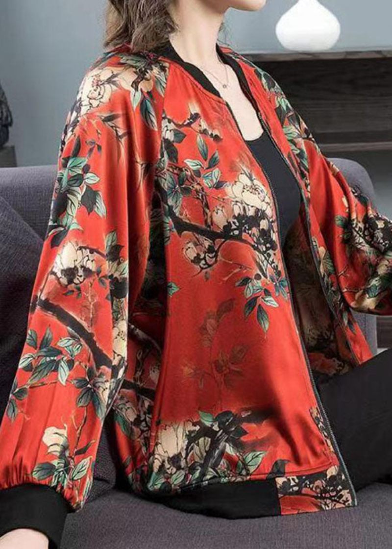 Plus Size Röd O-neck Print Dragkedja Patchwork Sidenjacka Spring - Vinterkappor för kvinnor