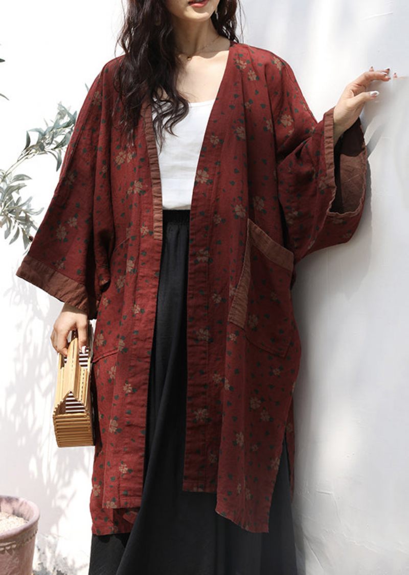 Plus Size Röda Fickor Print Patchwork Linne Cardigans Höst - Koftor för kvinnor