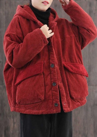 Plus Size Röda Hooded Fickor Fin Bomullsfylld Corduroy Parka Jacka Vinter