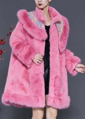 Plus Size Rosa Broderad Dragsko Mink Velvet Coat Ytterkläder Spring