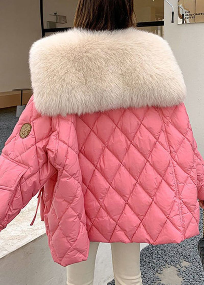 Plus Size Rosa Pälskrage Fickor Pläd Patchwork Parka Långärmad - Rosa