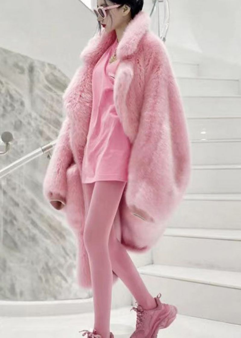 Plus Size Rosa Peter Pan Krage Fickor Patchwork Fuzzy Fur Fluffy Coat Vinter - Vinterkappor för kvinnor