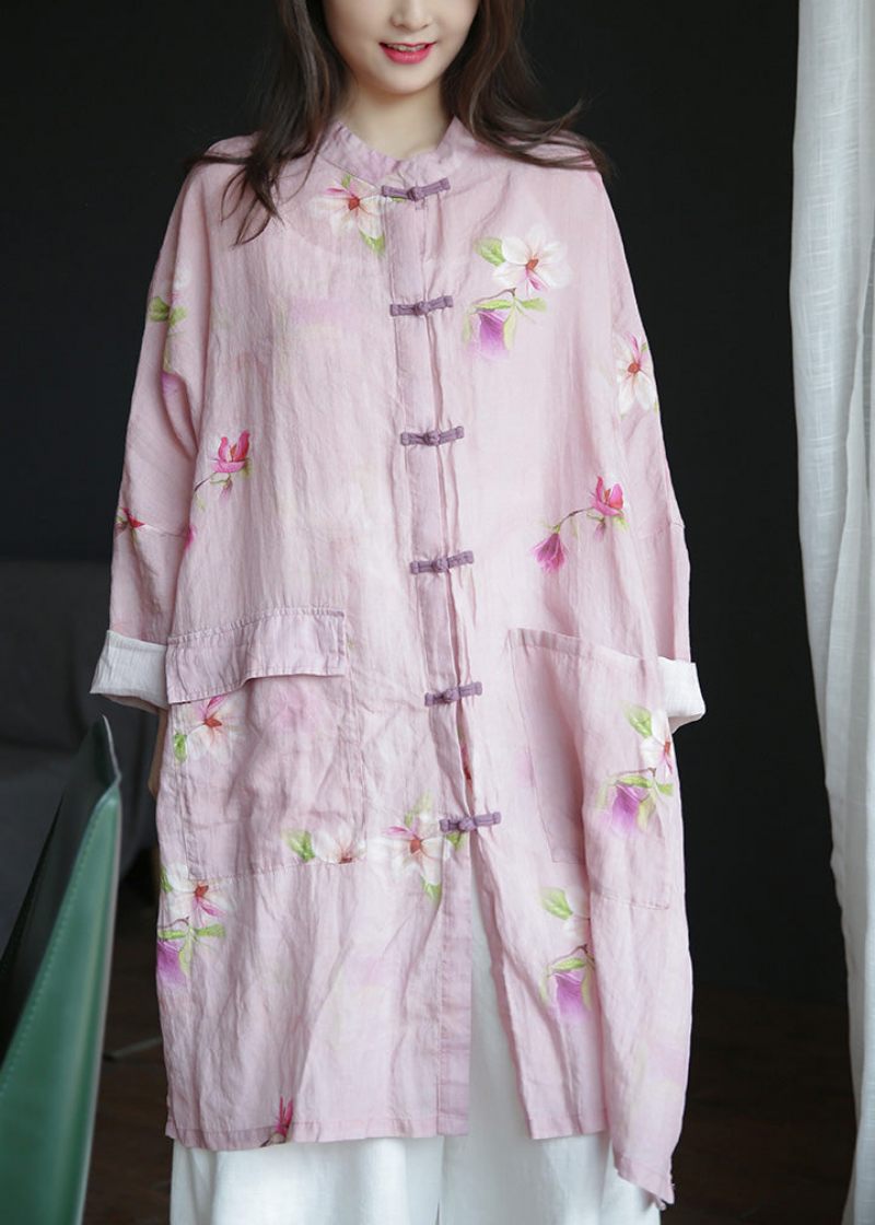 Plus Size Rosa Stand Krage Print Button Ramie Long Coats Spring - Vinterkappor för kvinnor