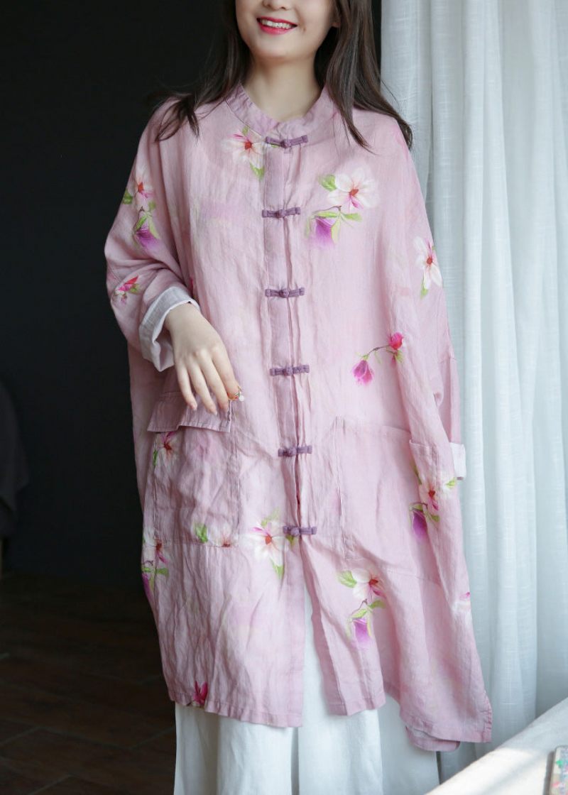 Plus Size Rosa Stand Krage Print Button Ramie Long Coats Spring - Vinterkappor för kvinnor