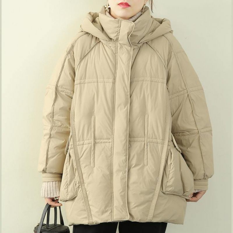 Plus Size Snöjackor Kappor Khaki Luva Patchwork Varm Kappa - Svart