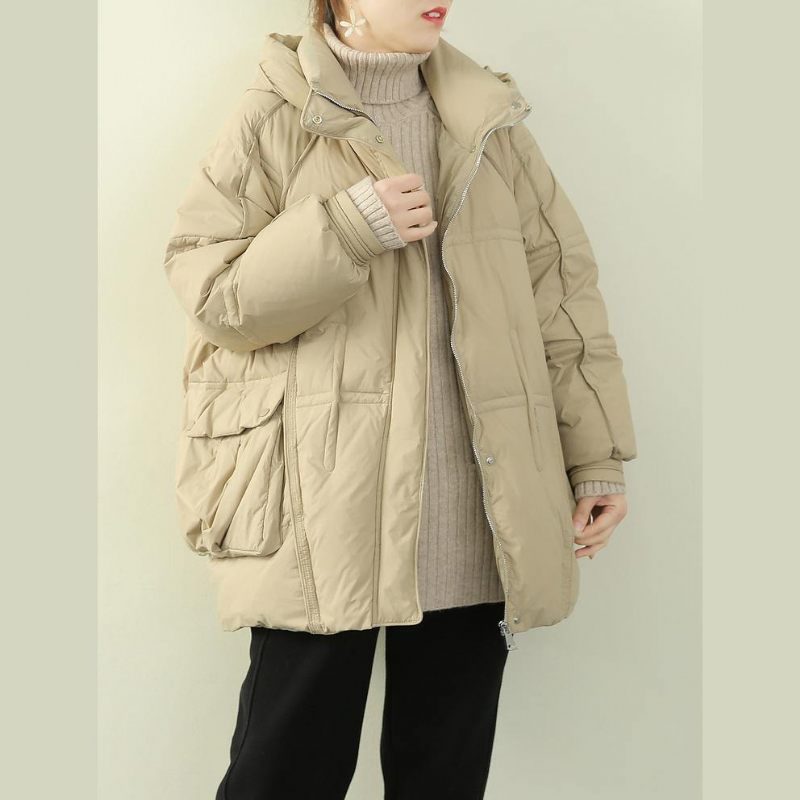 Plus Size Snöjackor Kappor Khaki Luva Patchwork Varm Kappa - Svart