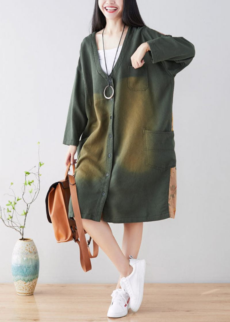 Plus Size Snygg Green Button Print Coat Spring - Blå