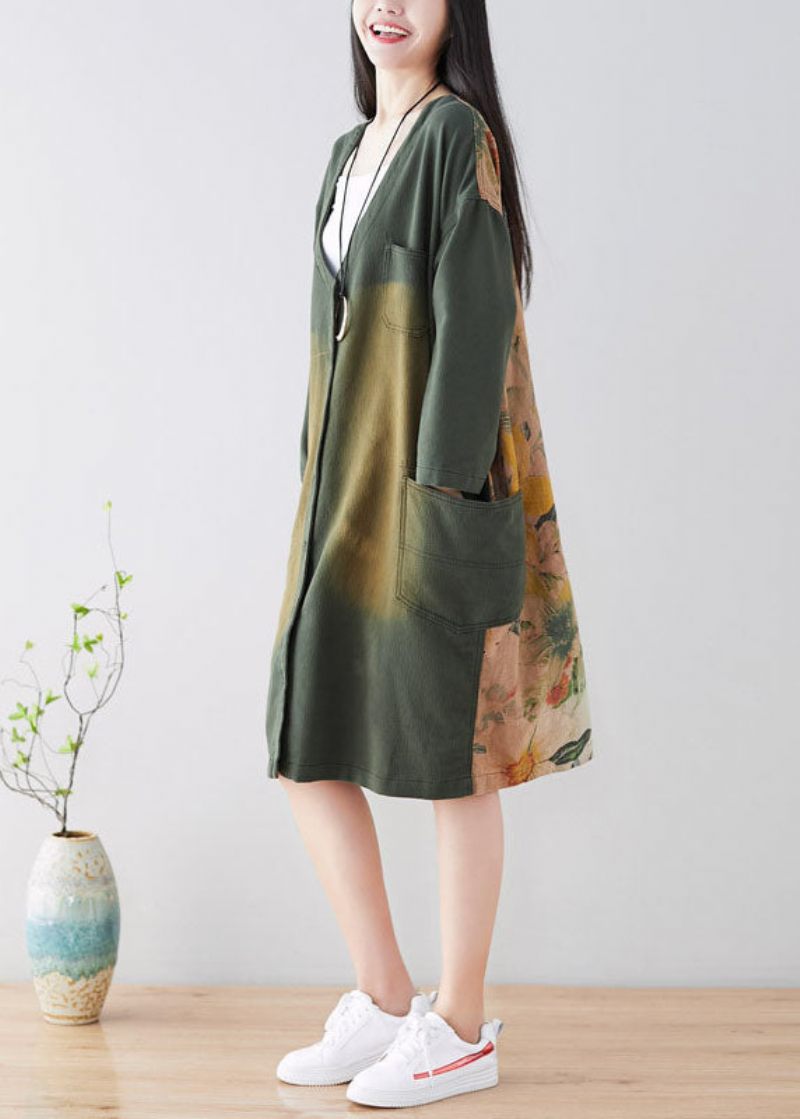 Plus Size Snygg Green Button Print Coat Spring - Blå