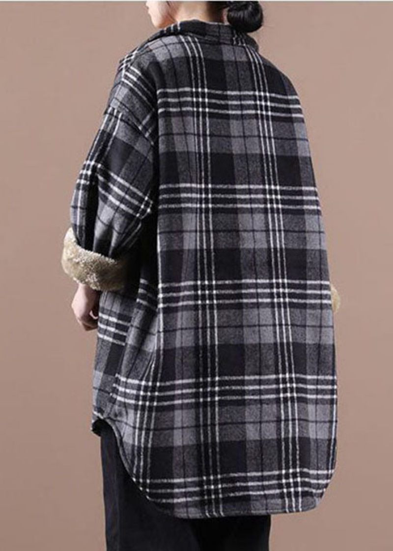 Plus Size Svart Asymmetrisk Pläd Fleece Ull Fodrade Kappor Vinter - Svart