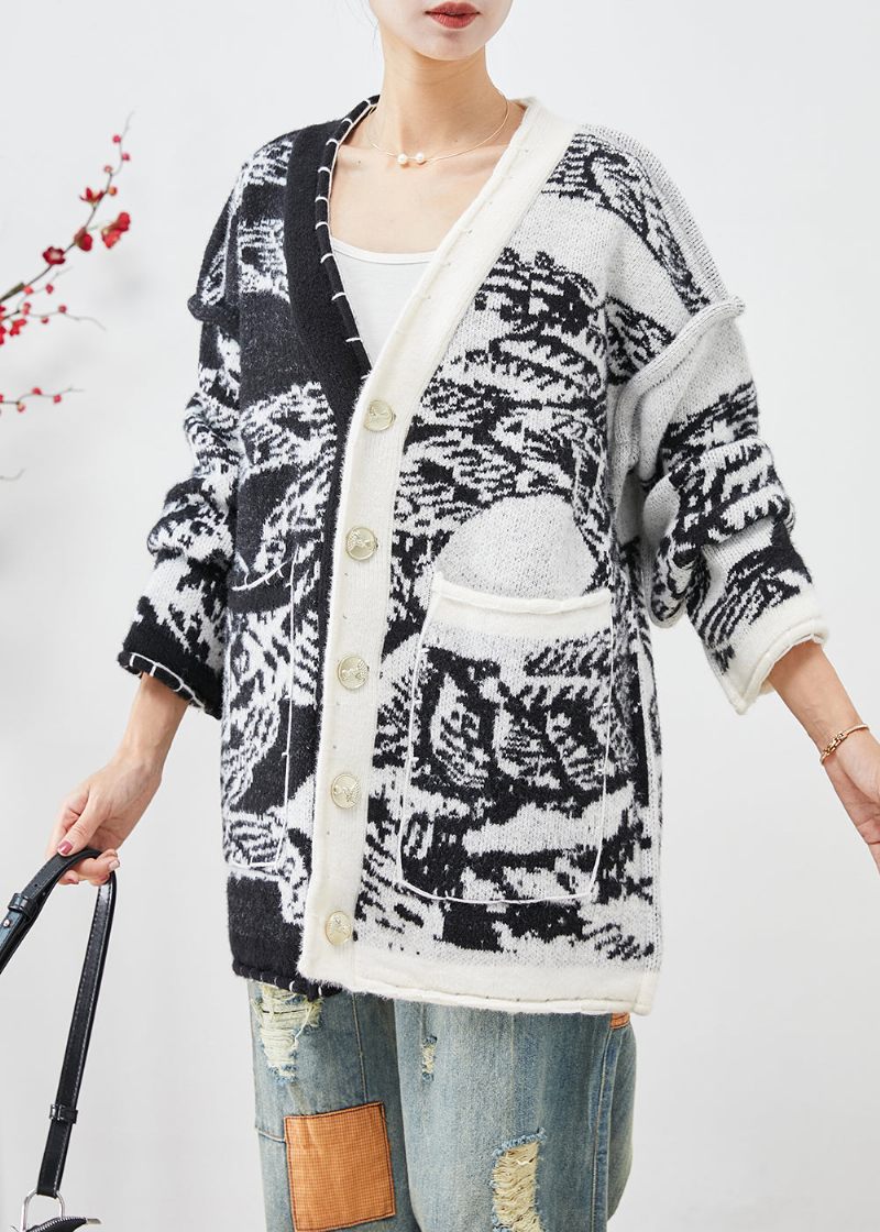 Plus Size Svart Asymmetrisk Tie Dye Stickad Cardigans Höst