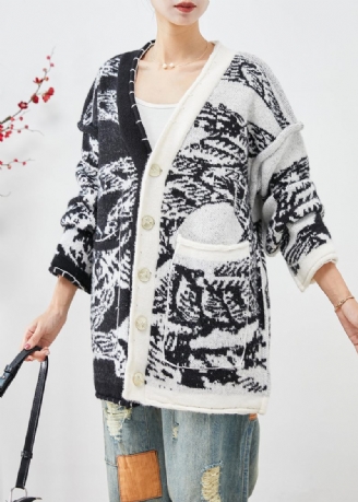 Plus Size Svart Asymmetrisk Tie Dye Stickad Cardigans Höst