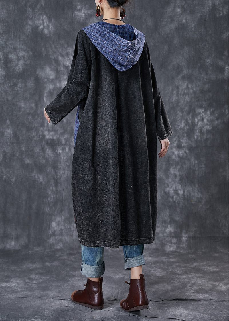 Plus Size Svart Hooded Patchwork Stora Fickor Denimrockar Höst - Trenchcoats för kvinnor