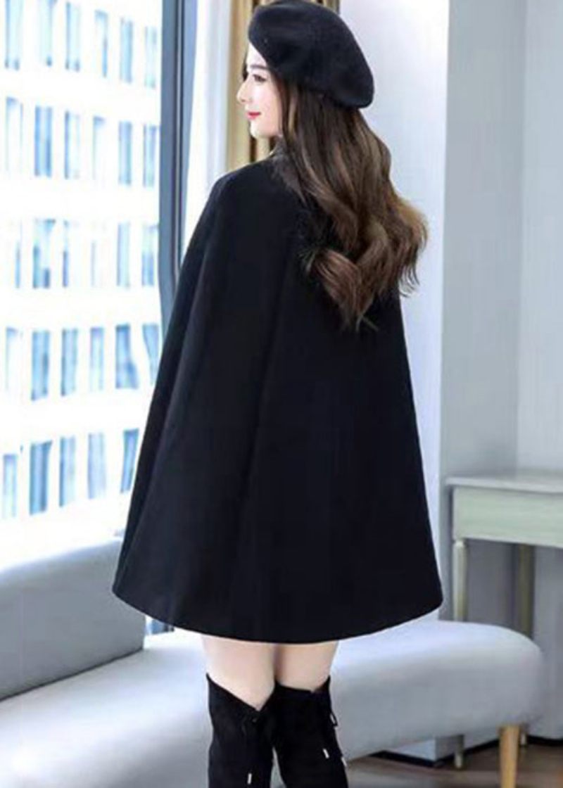 Plus Size Svart Nitknapp Tjock Ylle Cape Coat Ärmlös - Ullrockar för kvinnor