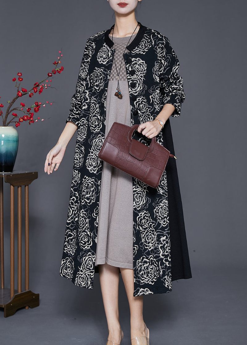 Plus Size Svart Oversized Patchwork Print Cotton Trench Fall - Trenchcoats för kvinnor