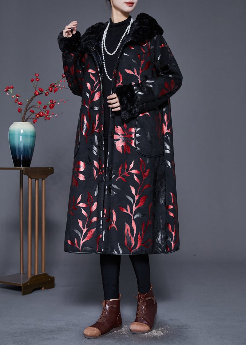 Plus Size Svart Pälskrage Print Varma Fleecejackor Vinter