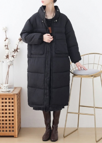 Plus Size Svart Stativ Krage Dragkedja Tjock Lång Parka Vinter