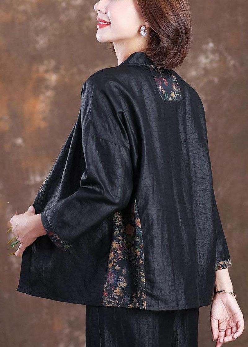 Plus Size Svart Stativ Krage Skrynkligt Patchwork Silk Coats Armband Ärm - Vinterkappor för kvinnor