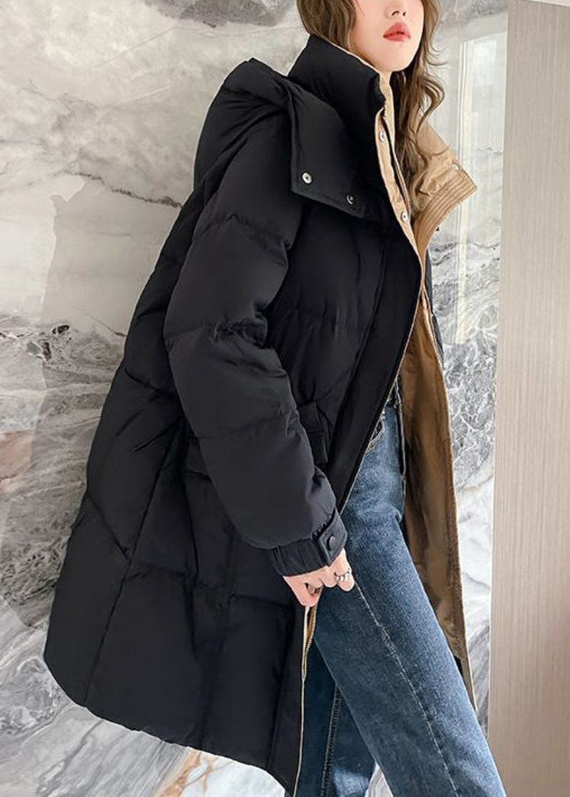 Plus Size Svarta Dragkedjeförsedda Huvfickor Duck Down Coat Winter