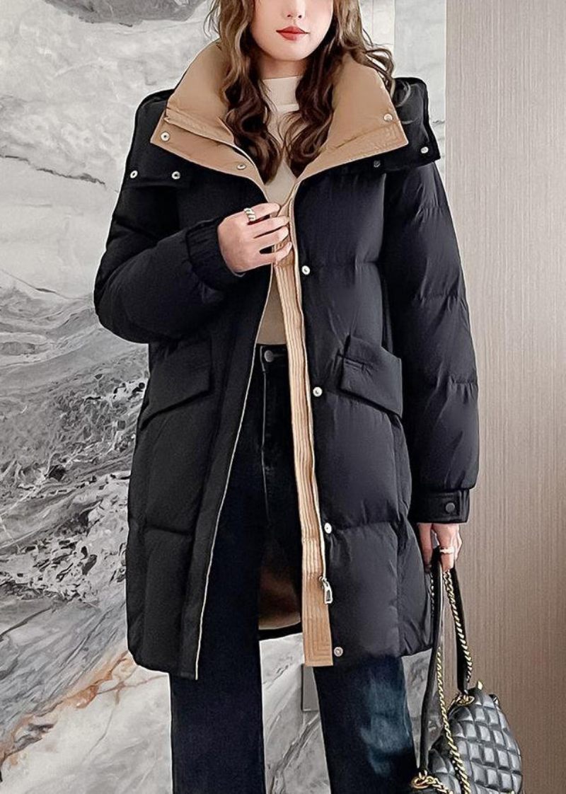 Plus Size Svarta Dragkedjeförsedda Huvfickor Duck Down Coat Winter - Dunjackor för kvinnor