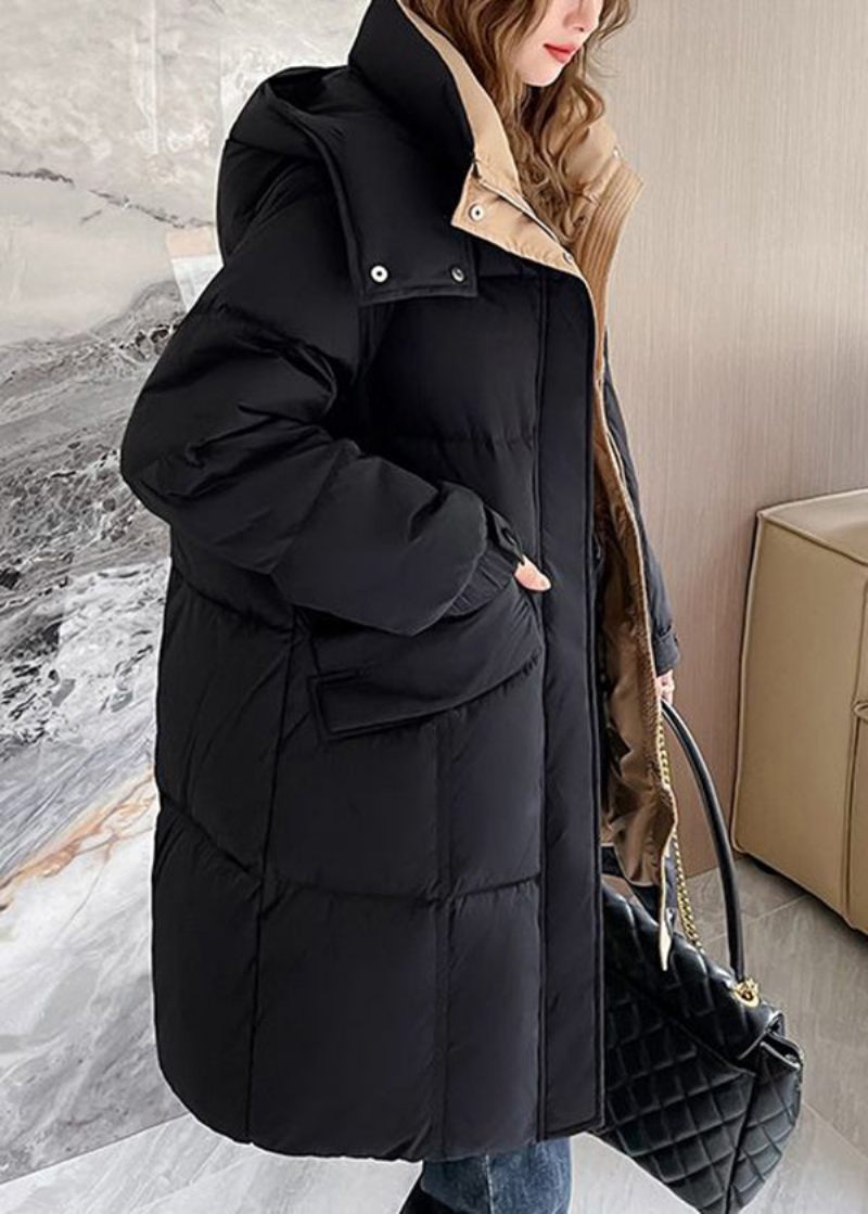 Plus Size Svarta Dragkedjeförsedda Huvfickor Duck Down Coat Winter - Dunjackor för kvinnor