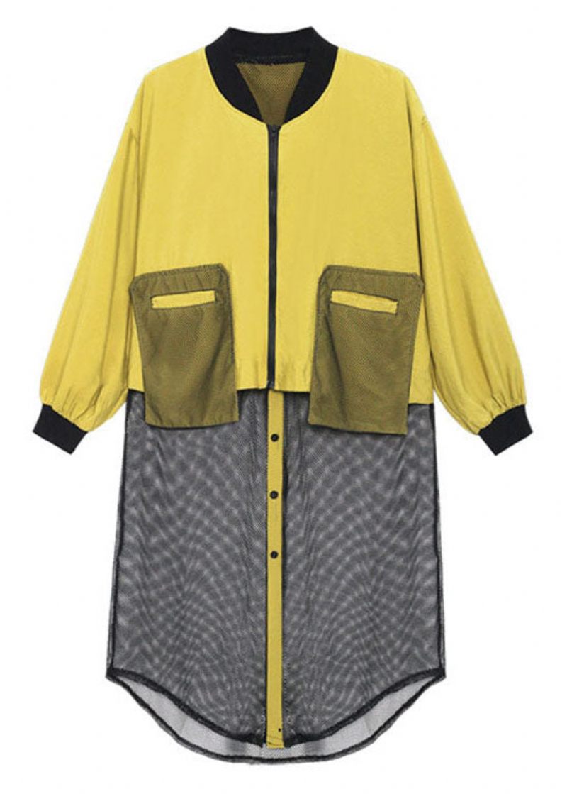 Plus Size Svarta Fickor Med Dragkedja Tyll Patchwork Höst Långärmad Trenchcoat - Gul