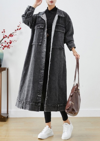 Plus Size Svarta Överdimensionerade Fickor Denim Trench Coats Hösten