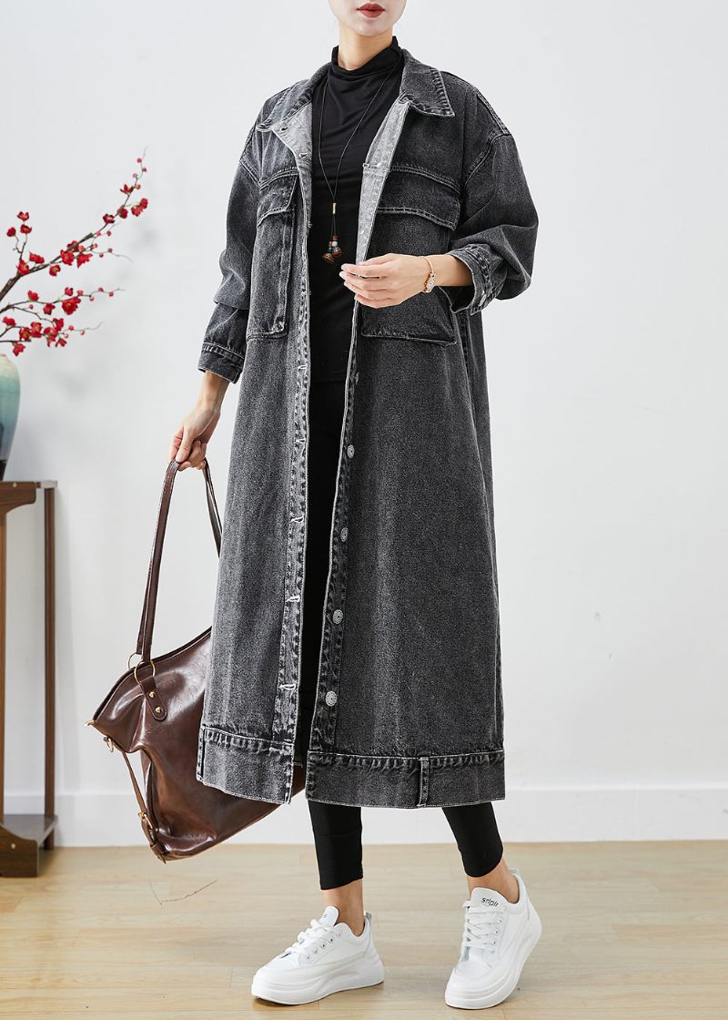 Plus Size Svarta Överdimensionerade Fickor Denim Trench Coats Hösten - Trenchcoats för kvinnor